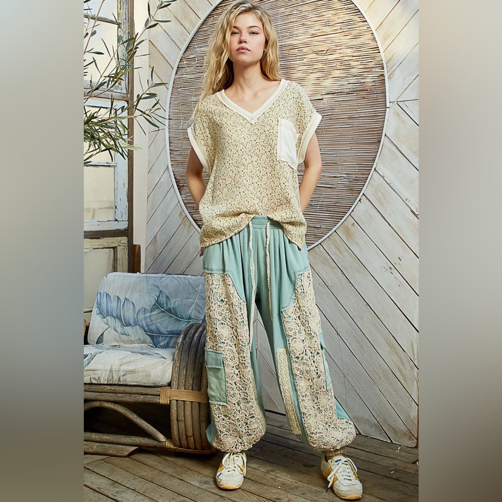 POL lace pants boho joggers teal blue green pockets drawstring - Picture 6 of 9